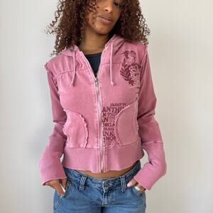 Vintage Morgan de Toi pink zip-up hoodie with graphic print & raw-edge details S